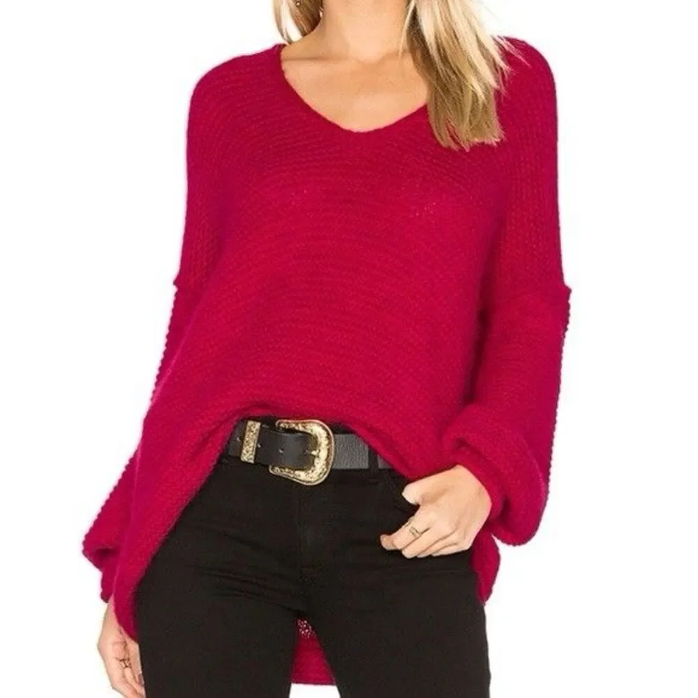 Free People All Mine Sweater Raspberry Red Alpaca Wool Cotton Cozy Oversize XS
